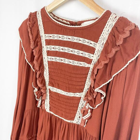 Bohme Peasant Top Size S Burnt Orange Ruffled Knit Lace Trim Cottagecore Boho - Picture 6 of 13